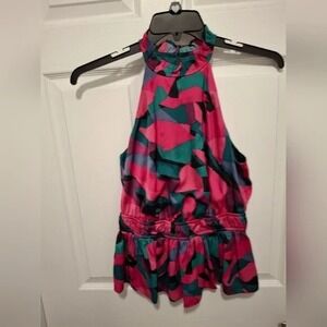 3/$15 Nine West Small Pink Teal Halter Pleated Colorful Peplum Top‎